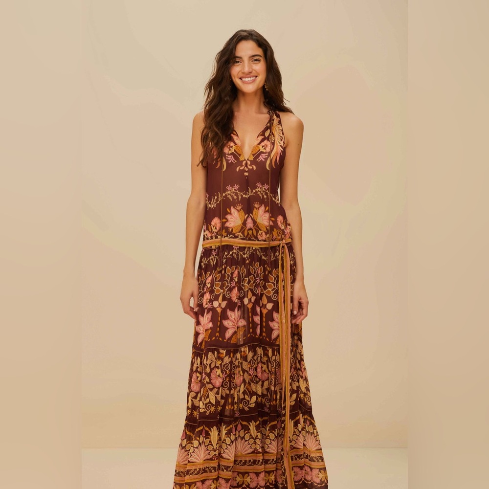 FARM RIO Burgundy Bella Maxi Dress | Tropical Floral Boho Statement | Size L EUC - Picture 2 of 9